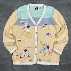 Vintage Storybook Knits Beach Scene Cardigan Sweater